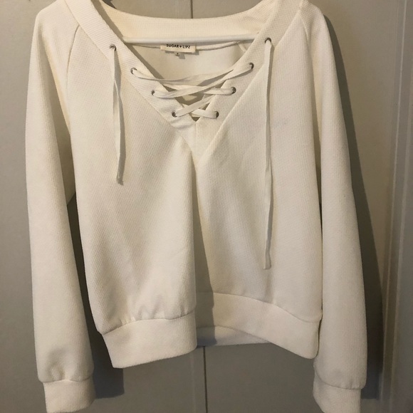 White Lace Up Long Sleeve Top - Picture 3 of 6